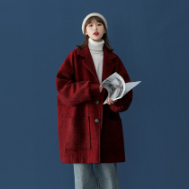 Wine red coat new 2021 explosions oversize coat men Korean fashion year of the ox this year clothes spring