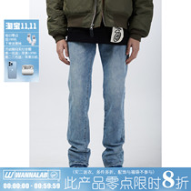 WANNA LAB 21SS washed stitching destroy old blue denim micro-Bell pants trousers mens and womens pants tide