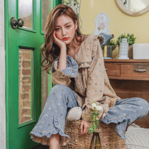 Pure cotton pajamas womens spring and autumn long-sleeved thin cute retro style fashion Western style woven cotton home wear set