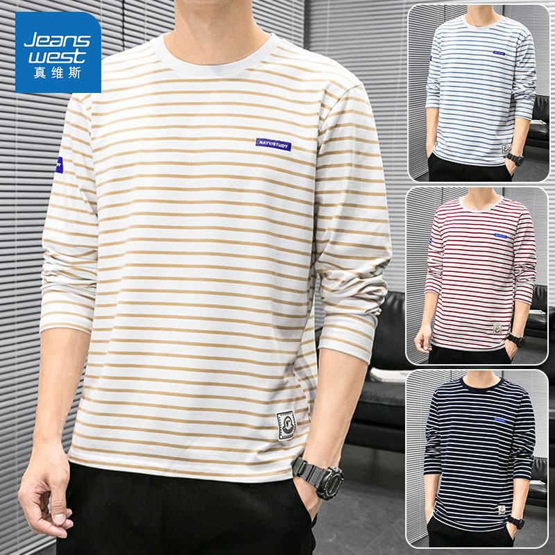 Jeanswest simple stripe trendy T-shirt round neck clothes long sleeved T-shirt men's shirt versatile cotton bottoming shirt