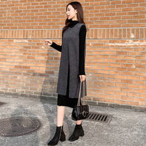 Korean womens clothing 2021 autumn and winter New Korean version slim knitted split sleeve dress temperament niche casual two-piece set