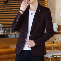  Rich bird autumn and winter suit jacket mens casual Korean version of the trend slim-fitting handsome small suit plaid one-piece top