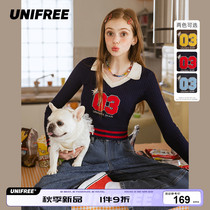 UNIFREE American retro knitted sweater womens short striped college style slim fit polo collar knitted top