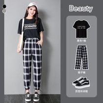 Black and white lattice pants womens autumn loose straight tube 2021 new spring and autumn high waist slim fashion wide leg casual pants