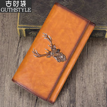 Mens handmade leather clip Male head layer Bull Leather Money Clip Mens Real Leather Wallet Mens Long Large-capacity 2021 New