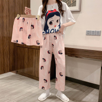 Short-sleeved pajamas womens summer ice silk girl cute 2021 new three-piece set large size silk homewear suit
