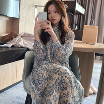 Pregnant women dress autumn Korean design sense niche medium long skirt loose long sleeve high collar chiffon floral skirt