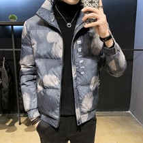 Rich bird feather velvet cotton clothing mens winter new Korean version of the trend stand-up collar slim-fit printed silhouette jacket top clothes