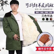 Wool Sheep Leather Army Coat Men Genuine Leather Warm Medium Long wool leather wool integrated winter mountaineering Anti-cold thickened cotton