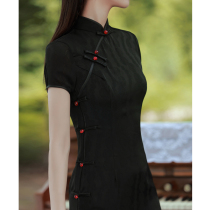 Black old Shanghai bone-etched cheongsam summer improved version of the dress retro young girly temperament slim long section
