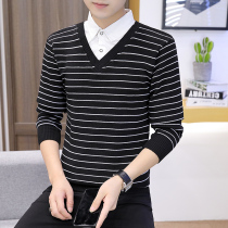 Mens sweater spring and autumn fake two shirt collar slim slim long sleeve knitwear thin lapel autumn striped sweater