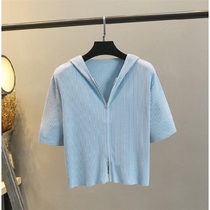 Thin breathable hooded knitted ice silk short-sleeved T-shirt up and down double zipper cardigan short half-sleeve top womens summer tide
