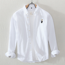 Japanese fresh embroidery Oxford long sleeve shirt men autumn and winter casual white clothes loose cotton shirt