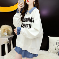 Cotton Large Code Gestation Woman Dress Spring Autumn Thin long sleeve fake Two womens Korean version loose with slim design sensation blouses