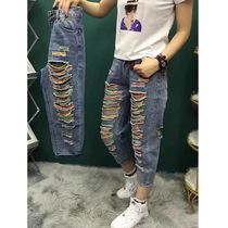  High-waisted retro ripped jeans womens ins2021 summer Korean version of the new straight all-match thin beggar cropped pants