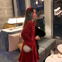 Design sense niche Hepburn style light luxury celebrities high-end temperament tea break French Street red jumpsuit autumn and winter