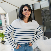 AmandaX forever sea soul shirt 100% Cotton blue and white horizontal stripe round neck long sleeve T-shirt