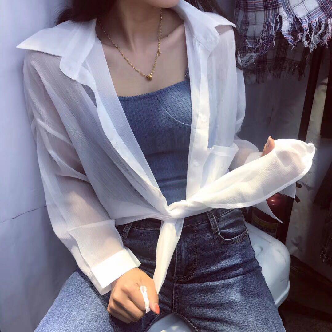 2018韩国雪纺欧根纱透明衬衫女长袖网纱透视性感衬衣超薄防晒上衣