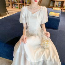 MAJE KARA burst French temperament elegant fairy skirt 2021 new V-neck long white dress summer