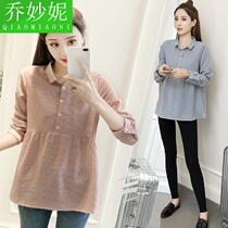 Pregnant autumn t-shirt long sleeve Korean cotton and Hemp maternity shirt doll shirt Spring and autumn short top two-piece set