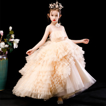 Childrens Gown Girl Princess Dress Birthday Walk Show Piano Champagne Pompon Dress Host Show Gown Summer