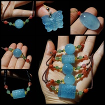 Natural Xinjiang Keketuohai sapphire necklace Clavicle pendant Sky blue round beads Lubutong transport beads rough stone