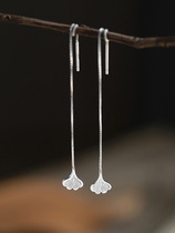 s990 pure silver earline Gingko Artisanal Leaves Retro Art Fresh and long Flowing Suear Accessories Women China Wind Earrings