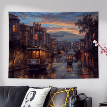 ins Wind hanging cloth background Buou style French Street city tram hand painted oil painting room dormitory decoration wall cloth