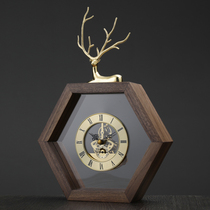 New Chinese light luxury deer head solid wood clock living room home fashion clock ornaments Chinese style creative desktop clock