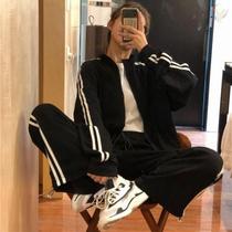 Spring and autumn wear age reduction striped loose long sleeve casual set female students toe sports trousers two-piece sweater