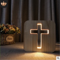  618 big promotion gift cross solid wood pine wood craft table lamp Wooden led night light warm white light table pendulum