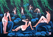 River water Qingqing wild bath seven girls bathing girl bathing Huhuhuxian peasant painting size 52x38cm handmade painting
