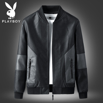 Playboy leather leather mens spring and Autumn sheepskin jacket loose velvet plus size baseball collar leather jacket