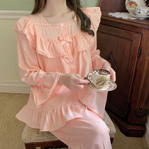 South Korean Spring and Autumn Andromeda Womens Sleepwear Girl Long sleeves Pure cotton Japanese Department sweet and cute palace Princess Lace princess lace suit pink