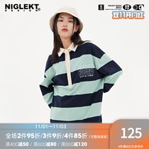 NIGLEKT Original Tide Brand Multicolor Striped Long Sleeve Top Polo Shirt Couple Street Loose Casual Top