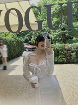 (Small Q Home) Rice White Bow Tie Long Sleeve Dress Woman Wrap Hip Short Dress Light Extravagant Dinner Birthday Evening Gown