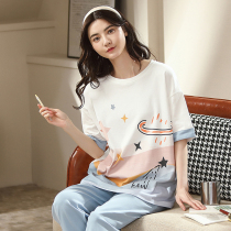 Pajamas womens summer cotton thin section 2021 new short-sleeved large size womens spring and summer home wear two-piece suit