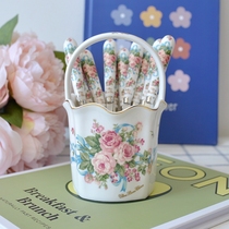 Korea imported SMF English rose bouquet Coffee spoon Fruit fork Ceramic storage basket Coffee spoon fork cage set