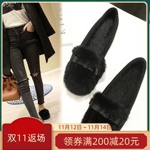 Tide brand flat wool shoes women Small size 2021 autumn and winter New Wild size single shoes plus cashmere Bean shoes pregnant women shoes
