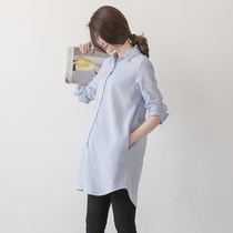 Spring and autumn professional maternity clothes Striped maternity shirt Large size top Summer short sleeve base shirt Shirt overalls
