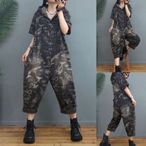 2021 summer new printed hooded short-sleeved denim jumpsuit womens fashion age reduction loose large size three-point pants tide