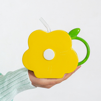 Flower straw mug girl ins Wind Cup Children Cute ceramic cup high face value art sense niche water Cup