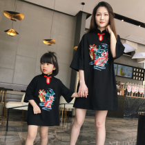 Pro-sub-dress Summer 2022 new baby family of three families Fitted Ocean Gas Mother Women Dress National Tide Qipao T-shirt Dress