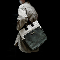 Tsanggoods slanted satchel handbag tote bag oil waxed canvas Coloured art and art casual American retro cow leather