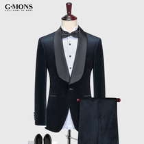 Suit Set Mens Blue Striped Suit Green Fruit Collar Bridegroom Best Man Wedding Banquet Host Evening Dress