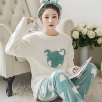 Korean version of high-end pajamas women winter long sleeves thick plus velvet warm cute flannel sexy home ladies set