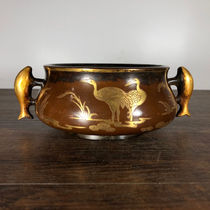 Red copper carved flower with gold fish ear stove high 7 3 cm calibre 13 6 cm 6 cm 2520 grams