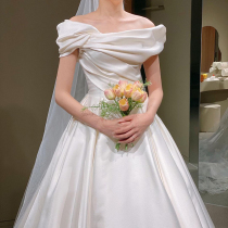 Satin wedding dress 2021 new trailing one-shoulder temperament bride forest French light main wedding dress super fairy dream