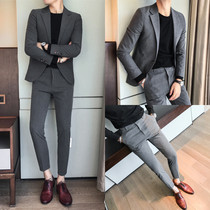 Autumn and winter men Korean slim suit two-piece hair stylist trend embroidery casual suit suit suit suit groom dress