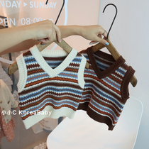 Small retro style~V-neck knitted vest Korean baby childrens clothing 2021 autumn warm men and women baby waistcoat vest